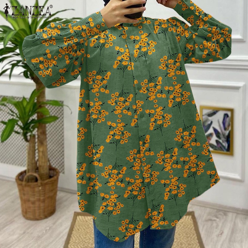 Áo sơ mi ZANZEA tay dài dáng rộng in họa tiết hoa lá thời trang Châu Âu cho nữ