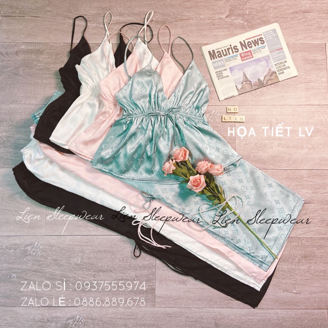 Bộ ngủ quần dài xẻ hông lụa gấm họa tiết LV