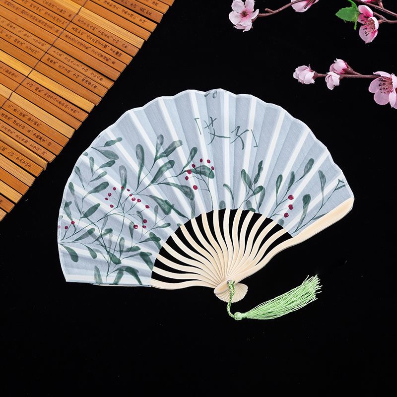 Quạt trang trí cầm tay cổ trang, quạt xếp cầm tay cổ trang Trung Quốc hình tròn vải giấy gỗ xếp
