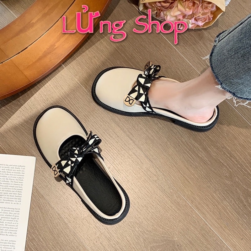 Giày sục búp bê đính nơ DG nữ da lì mềm LỬNG SHOP đế bằng cao 3cm