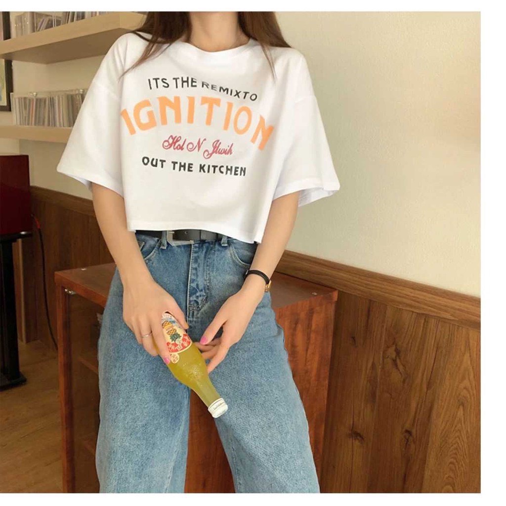 Áo thun Croptop in chữ IGNITION, form rộng, vải cotton dày dặn , co dãn 4 chiều, thấm hút mồ hôi siêu mát