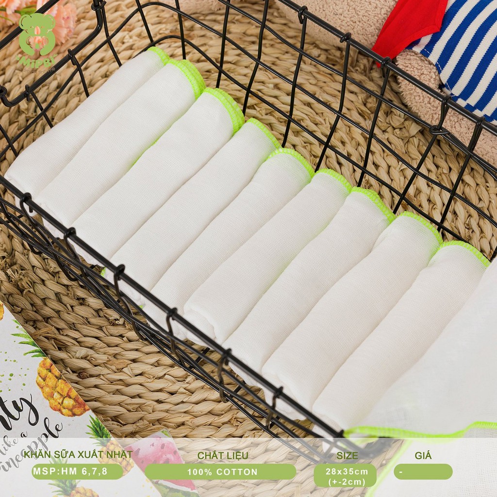 [CHÍNH HÃNG] Khăn sữa xuất Nhật cotton siêu mềm kích thước 28x35cm gói 10c Mipbi