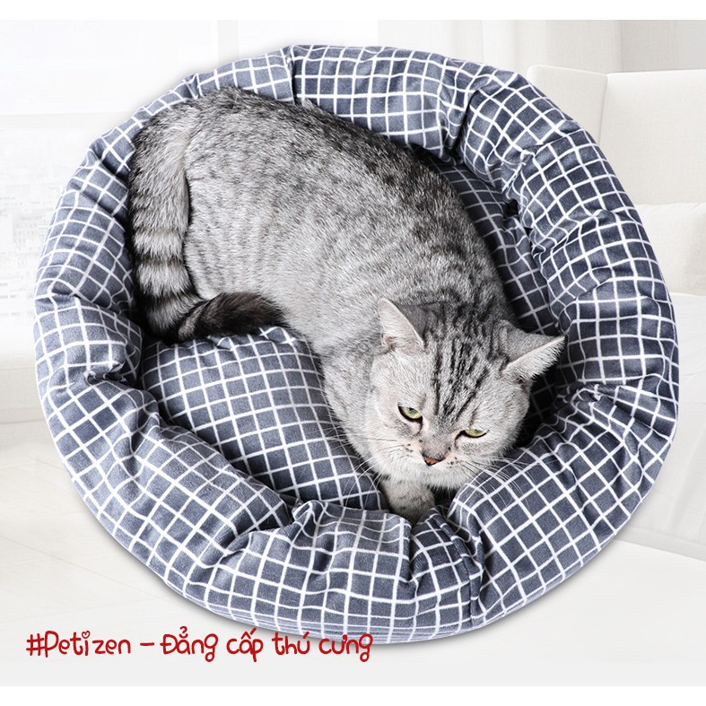 Đệm ổ tròn xám caro Cho Chó Mèo dưới 10Kg - Petizen - thành cao 16cm