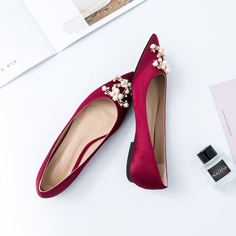 Giày Búp Bê Mũi Nhọn Đính Ngọc Trai Giả Plus Size 34-44 Thời Trang Đám Cưới