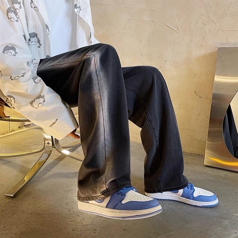 Quần jeans, quần bò Nam màu đen sọc trắng ống xuông streetwear - Hàng nhập khẩu