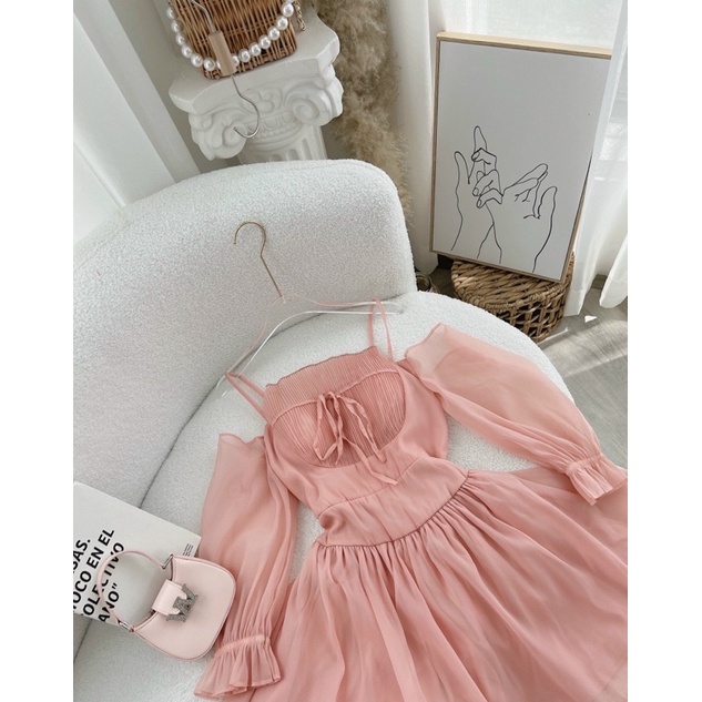 Đầm hai dây tay phồng phối voan rớt