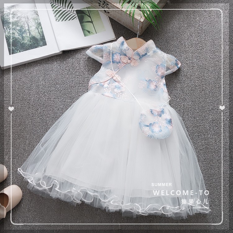 Váy công chúa cổ tàu thêu hoa dành cho bé gái 14-32kg DCC02