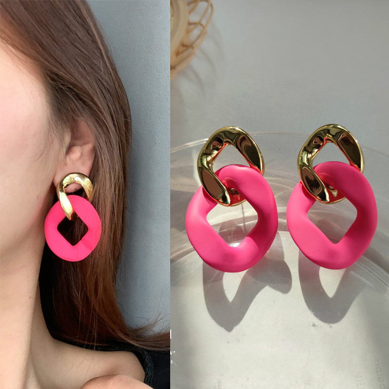 Khuyên Tai Acrylic Dạ Quang Hình Học Màu Hồng Ngọt Ngào Phong Cách Dongdaemun Hyuna Chính Hãng Hàn Quốc Hàng Mới