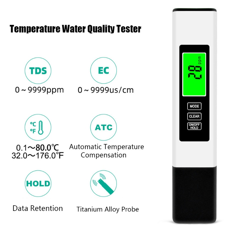 Bút kiểm tra chất lượng nước 3 trong 1 màn hình LCD kỹ thuật số TDS EC PPM