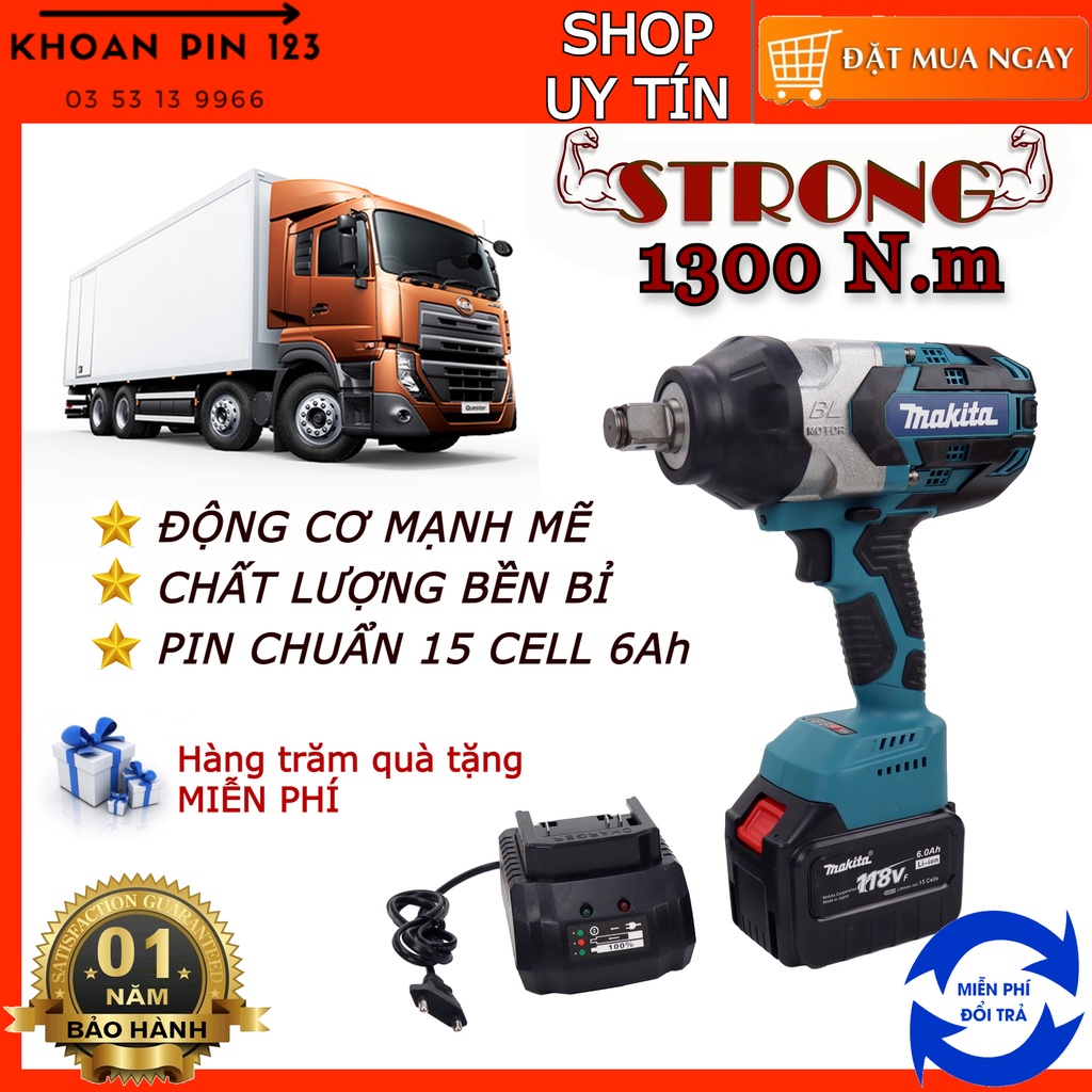 Máy siết mở bulong Makita công suất lớn 1300N.m chuyên mở ốc xe tải đầu 3/4 inch 19mm