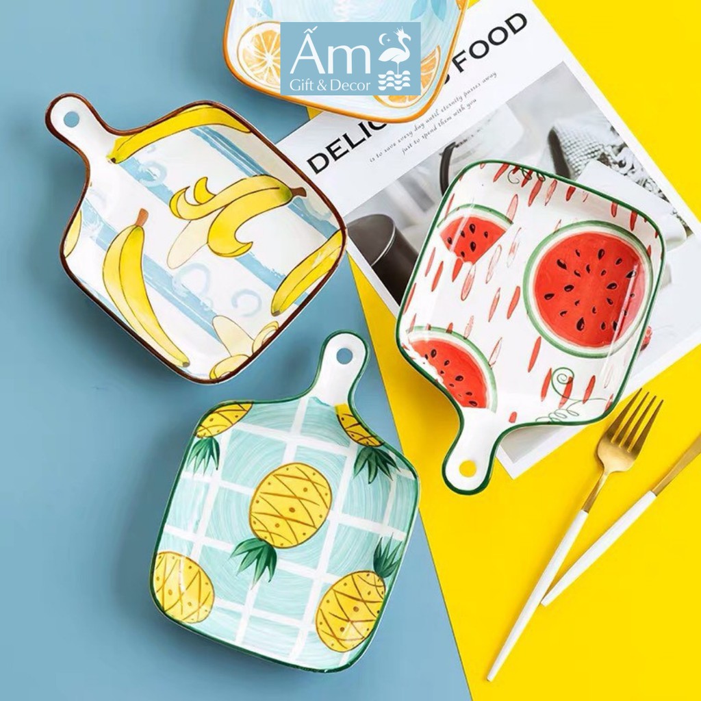 Đĩa Sứ Họa Tiết Đựng Hoa Quả Decor Trang Trí Bàn Ăn Có Tay Cầm - Kích Thước 22.5x16cm, Sâu Lòng 3.4cm - ẤM GIFT & DECOR | BigBuy360 - bigbuy360.vn