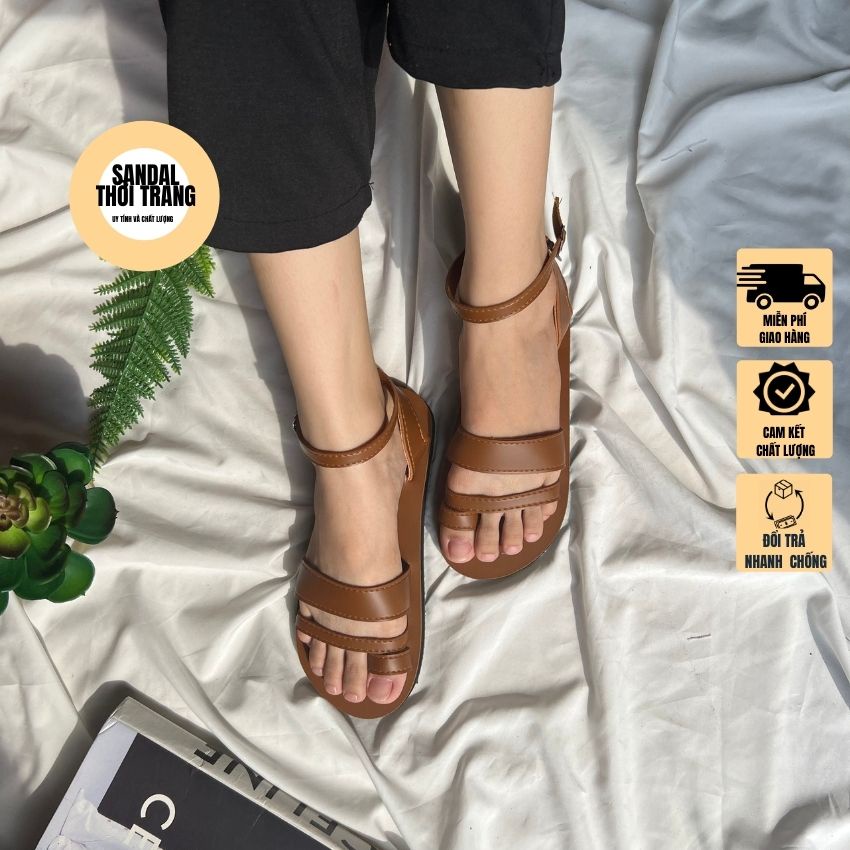 Giày sandal nữ xỏ ngón quai ngang đế bệt đi học, đi chơi 2 màu nâu Bò/Đen size 30-42 SANDALTHOITRANG