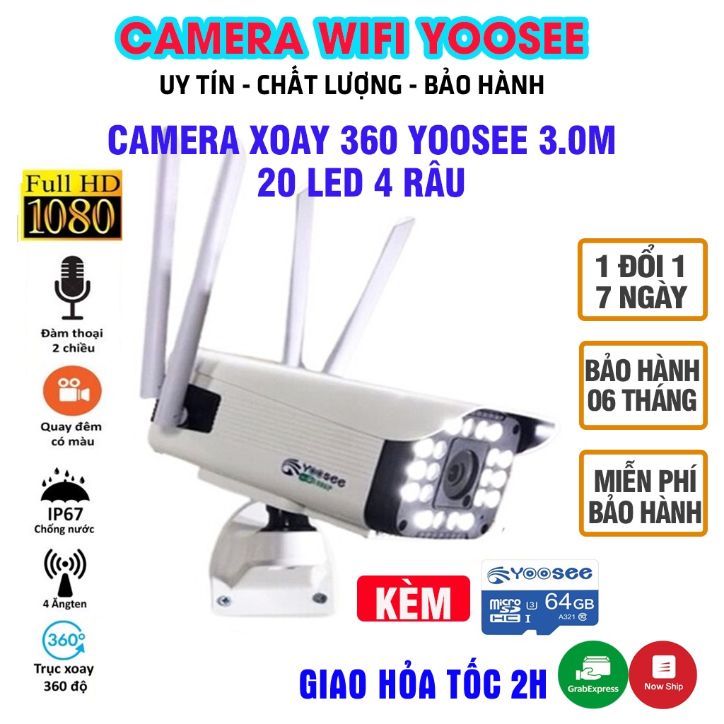 Camera yoosee ngoài trời 4 râu, 20 ĐÈN THÂN XOAY, 3.0 MP Ban Đêm Có Màu - Camera wifi kèm thẻ nhớ yoosee | BigBuy360 - bigbuy360.vn