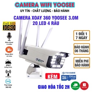 Camera yoosee ngoài trời 4 râu, 20 ĐÈN THÂN XOAY, 3.0 MP Ban Đêm Có Màu - Camera wifi kèm thẻ nhớ yoosee