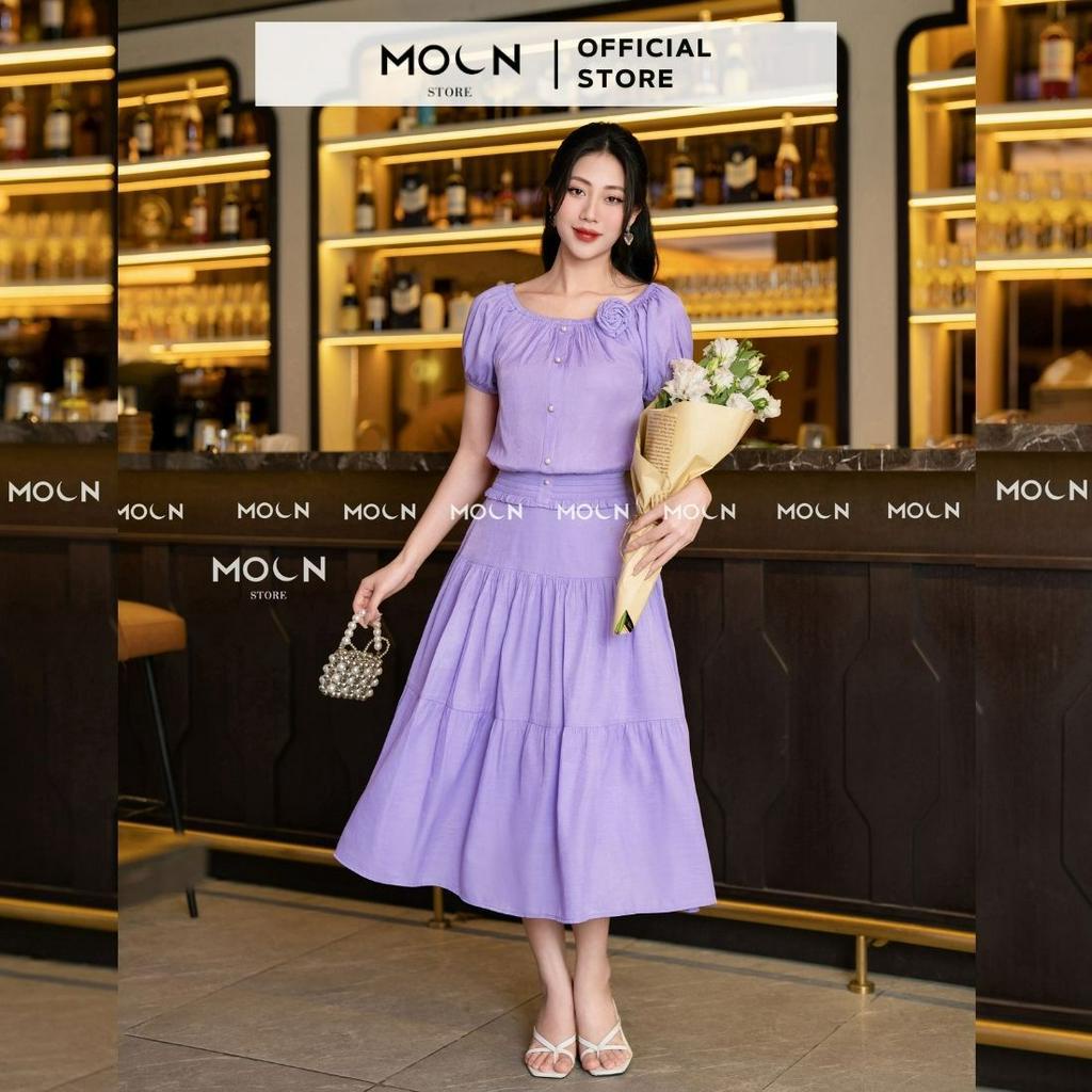 Set bộ chân váy và áo công sở 𝐌𝐎𝐎𝐍 thiết kế độc quyền váy xòe dài mix áo trể vai chất liệu đũi tơ MSB456