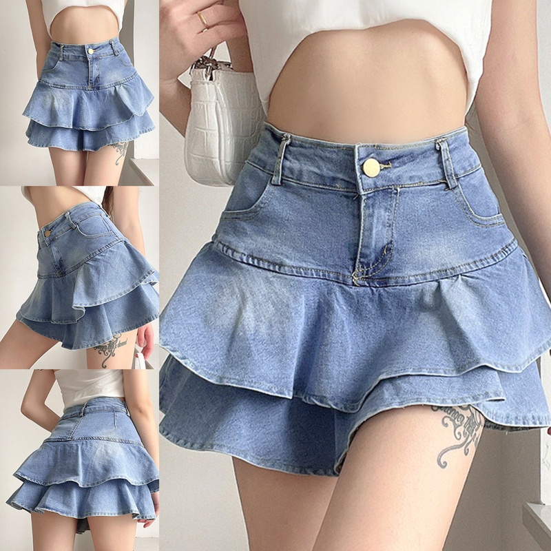 Chân Váy Jean Chữ A Xếp Tầng Lưng Cao Thời Trang