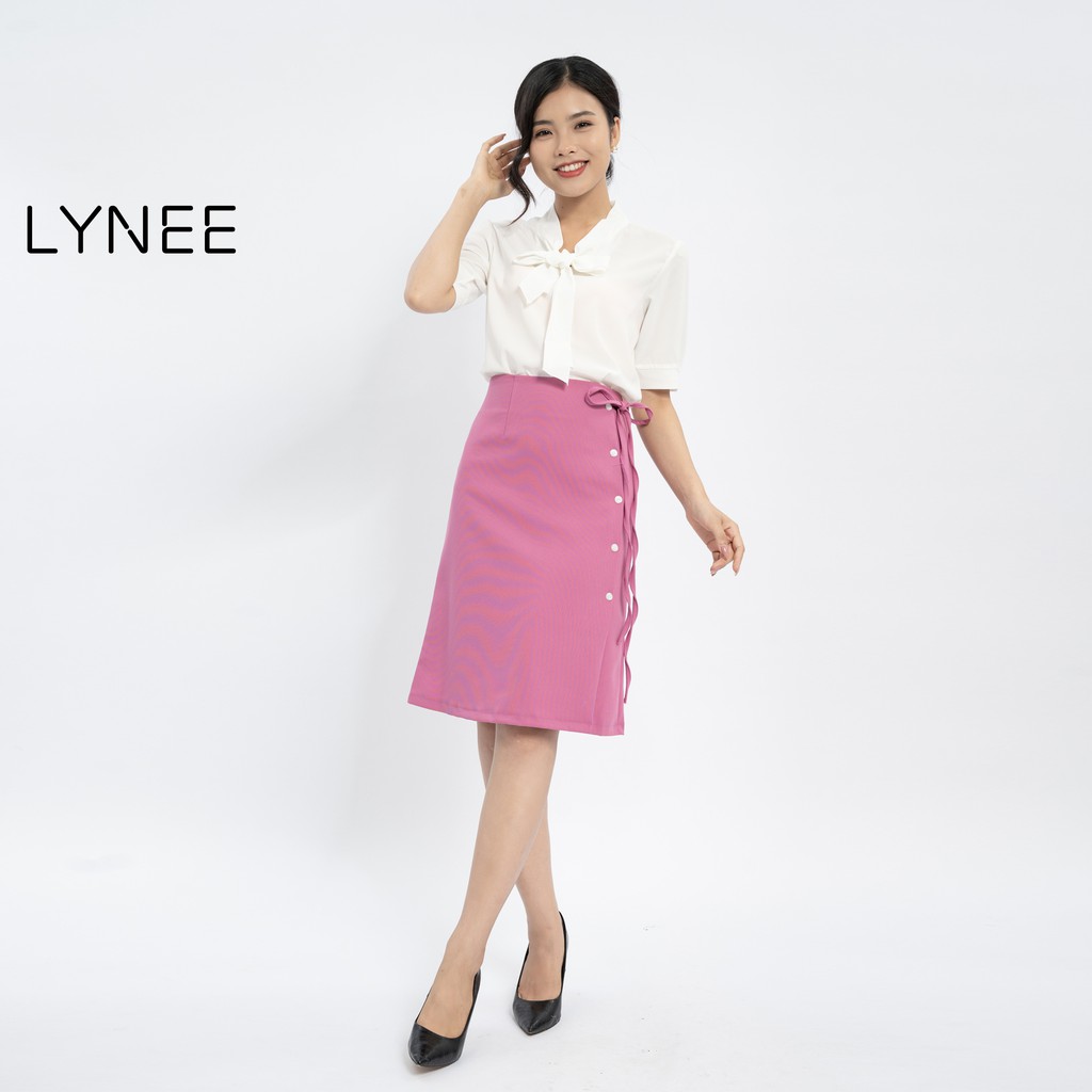 Chân váy bút chì LYNEE cạp cao day thắt nơ ngang eo dáng công sở gắn nút cách điệu CV04