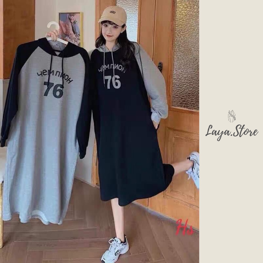 Váy suông nỉ cho nữ dáng rông Laya.store - Đầm suông nữ in số 76 có mũ Q066