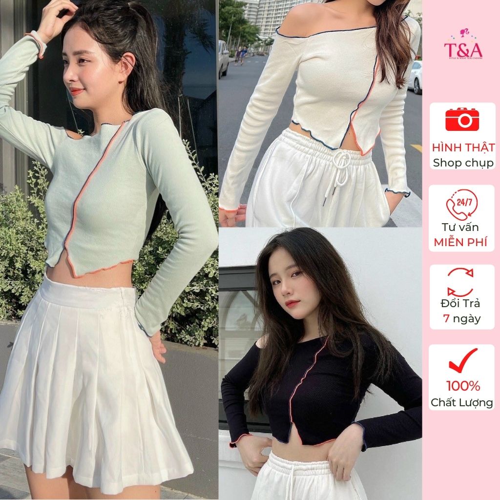 Áo croptop tay dài hở vai viền chỉ nổi - 747
