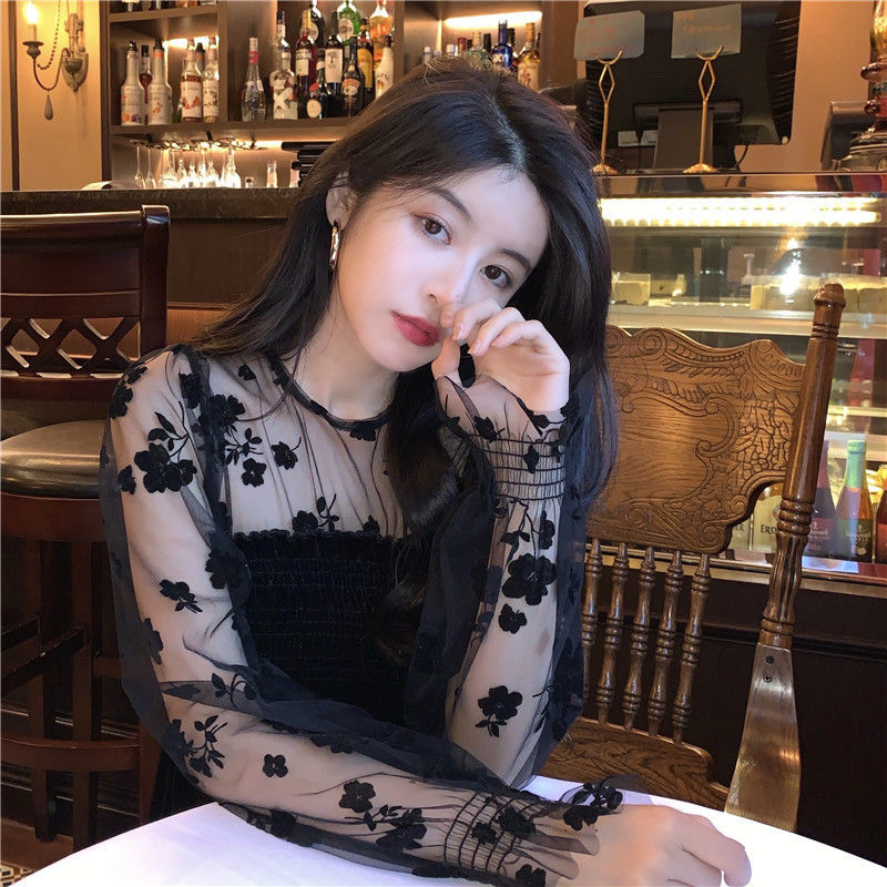 Áo kiểu ngắn phối nhung hoa dài tay gợi cảm cho nữ