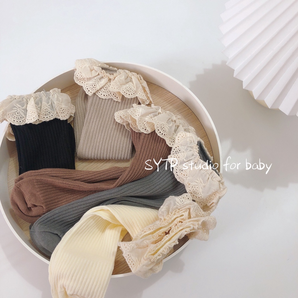 Vớ Cotton Cổ Trung Không Gót Phối Ren Phong Cách Xuân Thu Mới Cho Bé Gái