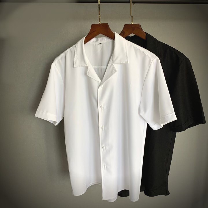 Áo Sơ Mi Đen, Áo Sơ Mi Trắng Cổ Vest ngắn tay form rộng unisex nam nữ vải lụa siêu mát lạnh - MS66 | BigBuy360 - bigbuy360.vn