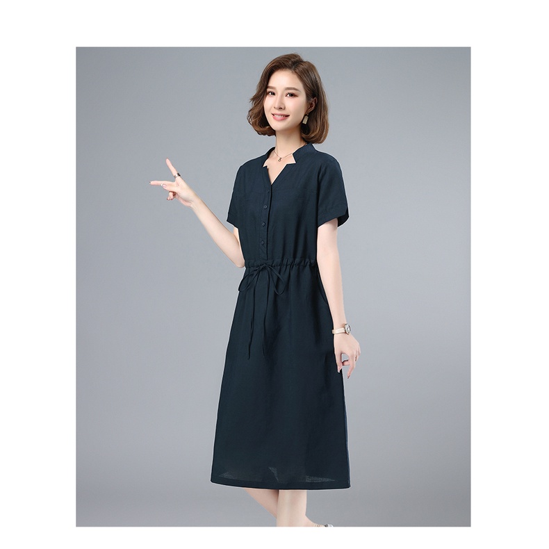 Đầm linen dáng suông, váy sơ mi nữ  thiết kế cổ V ngắn tay công sở màu xanh đen Da164