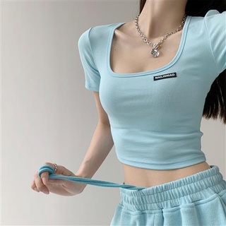 Hyuna Phong Cách Cổ Vuông Lộ Xương Cổ Skinny Đáy Áo Sơ Mi Mùa Hè Tay Ngắn Lộn Bụng Áo Thun Chắc Chắn