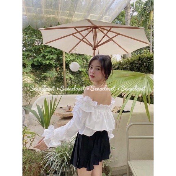 Áo trắng bèo trễ vai tay dài xinh xắn A015 (Ảnh thật)