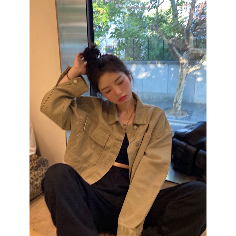 Áo khoác cardigan ngắn vải denim kiểu retro Hong Kong thời trang ngọt ngào cho nữ