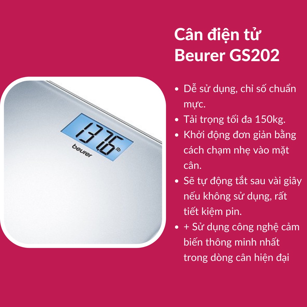 Cân sức khỏe điện tử mặt kính beurer GS202 thiết kế nhỏ gọn siêu mỏng chính hãng bảo hành 24 tháng