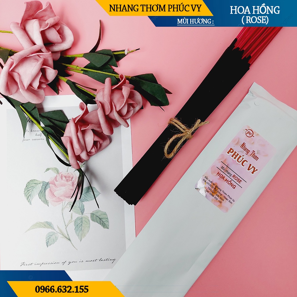 Nhang Thơm Phúc Vy Hương Hoa Hồng Rose - Túi 39 Cây 28cm, Ít Khói, Thơm Nhẹ, Dễ Chịu, Không kích mũi