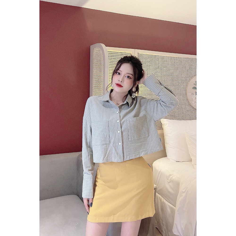 Áo sơ mi nữ công sở 92WEAR đủ màu, đủ size, dài tay kẻ sọc có túi 2 bên ASW0429