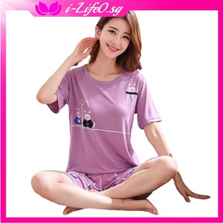 Image of 【Ready stock】Korean Cute Cartoon Women's Pyjamas Print Loose Sleepwear Short sleeve Set Sleepwear Pajamas Baju Tidur