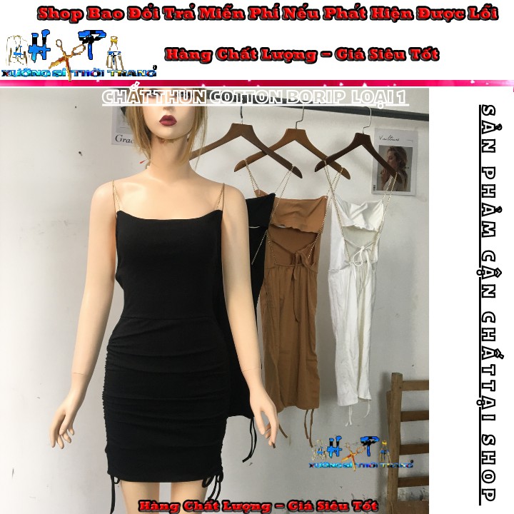 Váy đầm nữ 2 dây hở lưng dây xích vàng rút eo ôm body chất thun cotton màu đen dự tiệc thời trang sexy-VD16 | BigBuy360 - bigbuy360.vn