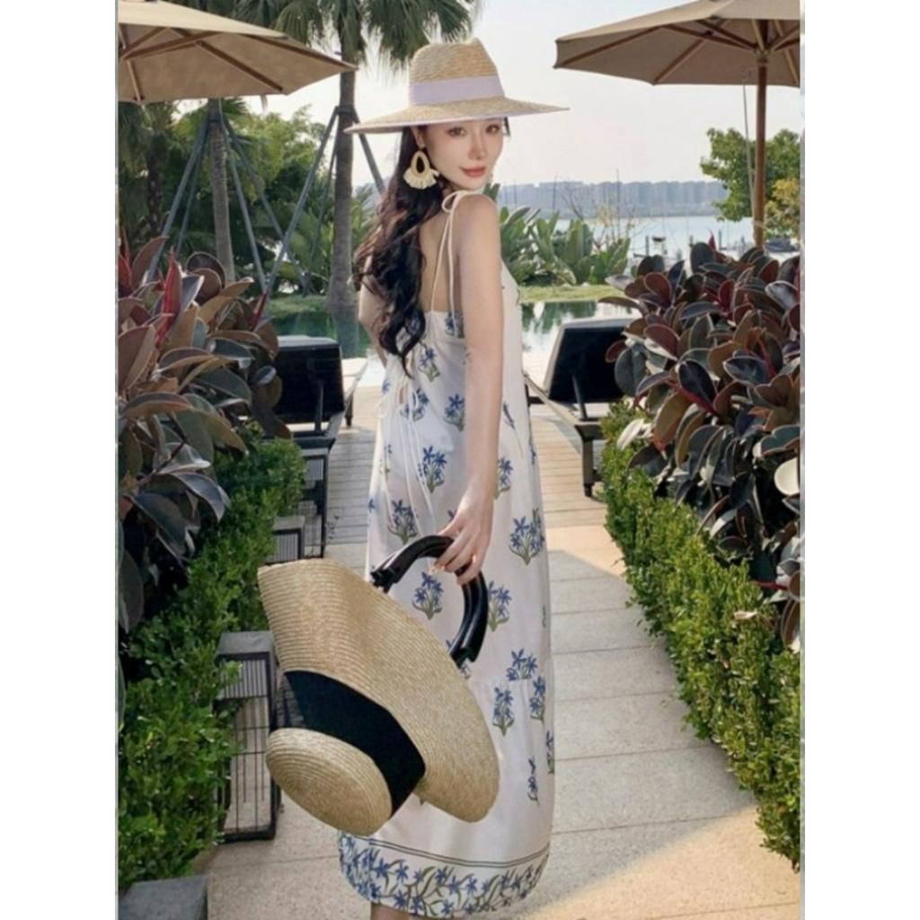 Đầm 2 dây dáng dài đi biển LUHAZO du lịch cho nữ họa tiết hoa vintage hở lưng sexy phong cách Hàn Quốc 8576 DK4T4