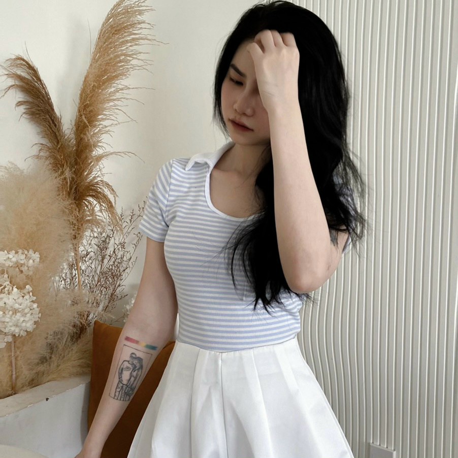 Áo thun nữ có cổ tay ngắn form áo thun ôm body phối túi họa tiết sọc thu đông - AO052