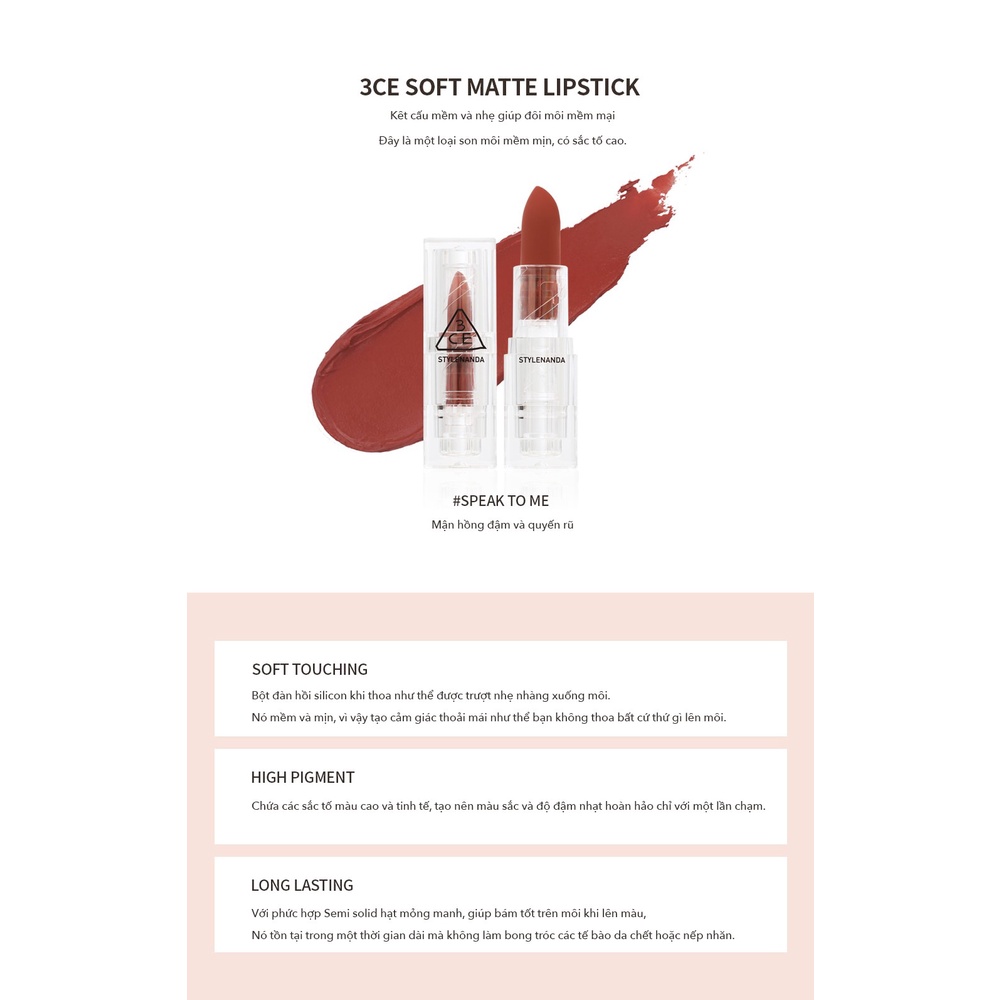 [ChínhHãng] Son Thỏi Lì 3CE SOFT MATTE LIPSTICK | BigBuy360 - bigbuy360.vn