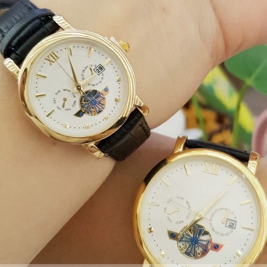 Đồng hồ cặp đôi nam nữ đeo tay SL dây da viền vàng lộ máy đẹp thời trang giá rẻ Winsley