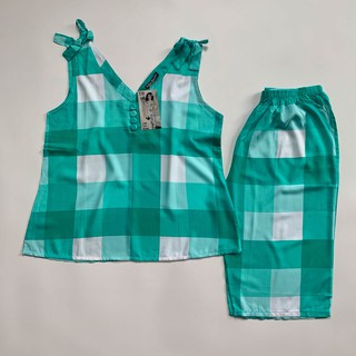 Bộ lửng lanh thái mặc nhà cho nữ Xanh lá caro sát nách Vayre BLLXLC201020