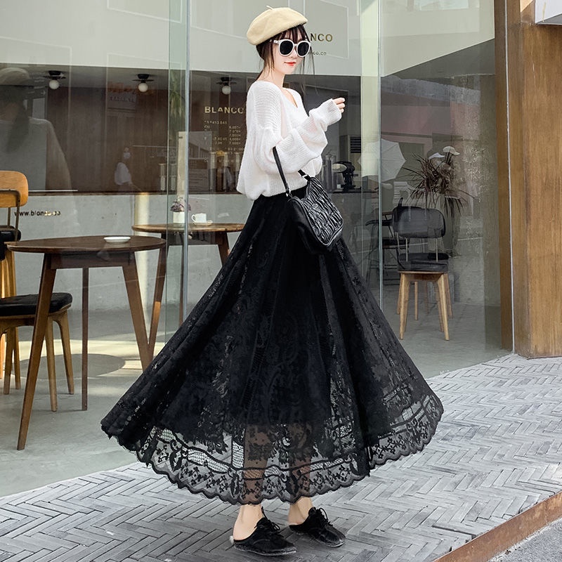 Chân váy chữ A xếp ly lưng cao viền ren thời trang xuân hè mới 2023