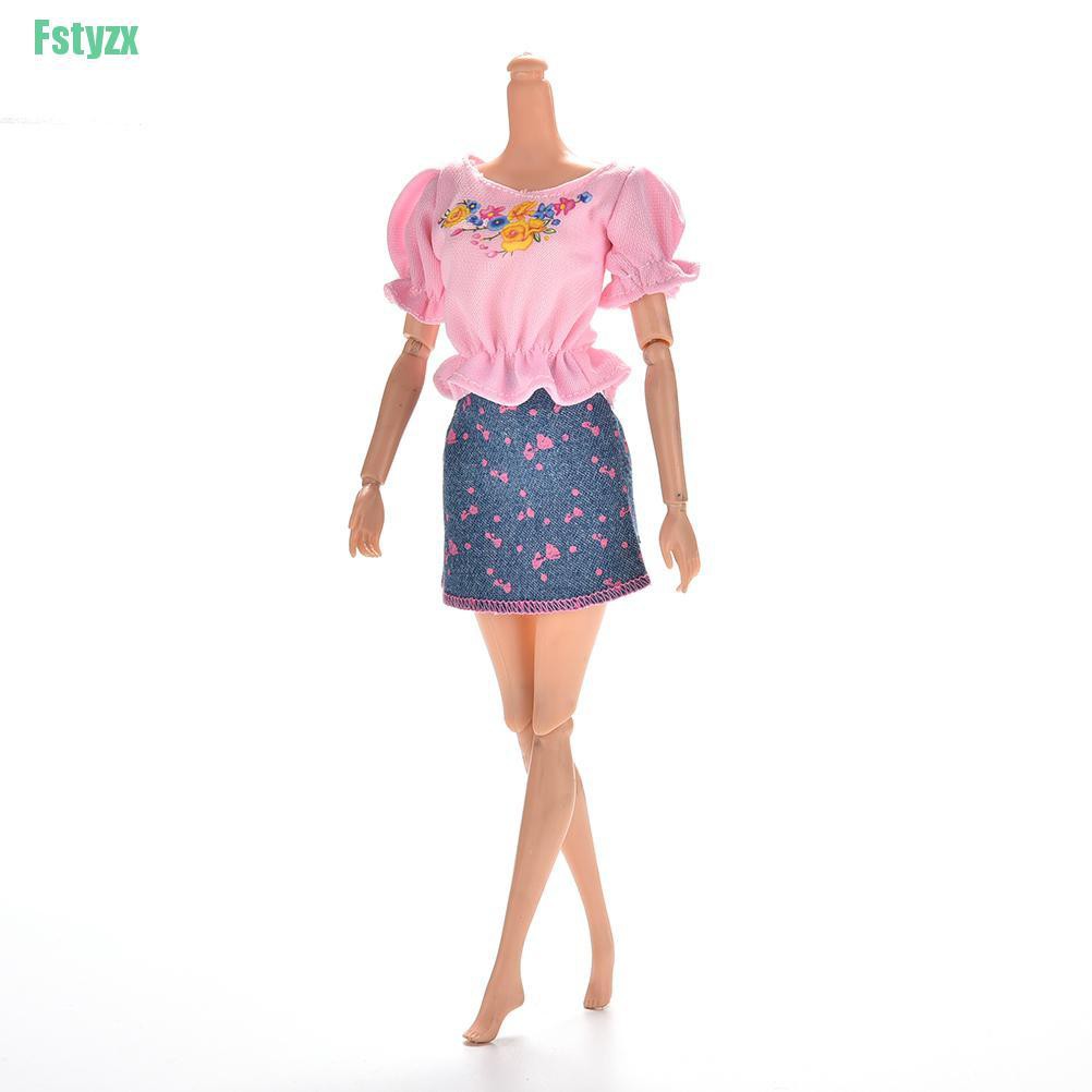 fstyzx 2 Pcs/Set Pink T Shirt and Blue Denim Skirt for Barbies Princess Dolls
