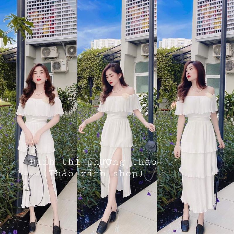 Váy trắng dự tiệc trễ vai xếp tầng xẻ tà quyến rũ sang chảnh kèm tag hoa thảo xinh shop chất đẹp
