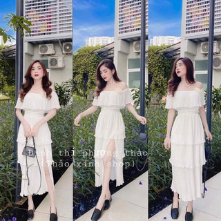 váy trắng dự tiệc trễ vai xếp tầng xẻ tà quyến rũ sang chảnh kèm tag hoa thảo xinh shop chất đẹp