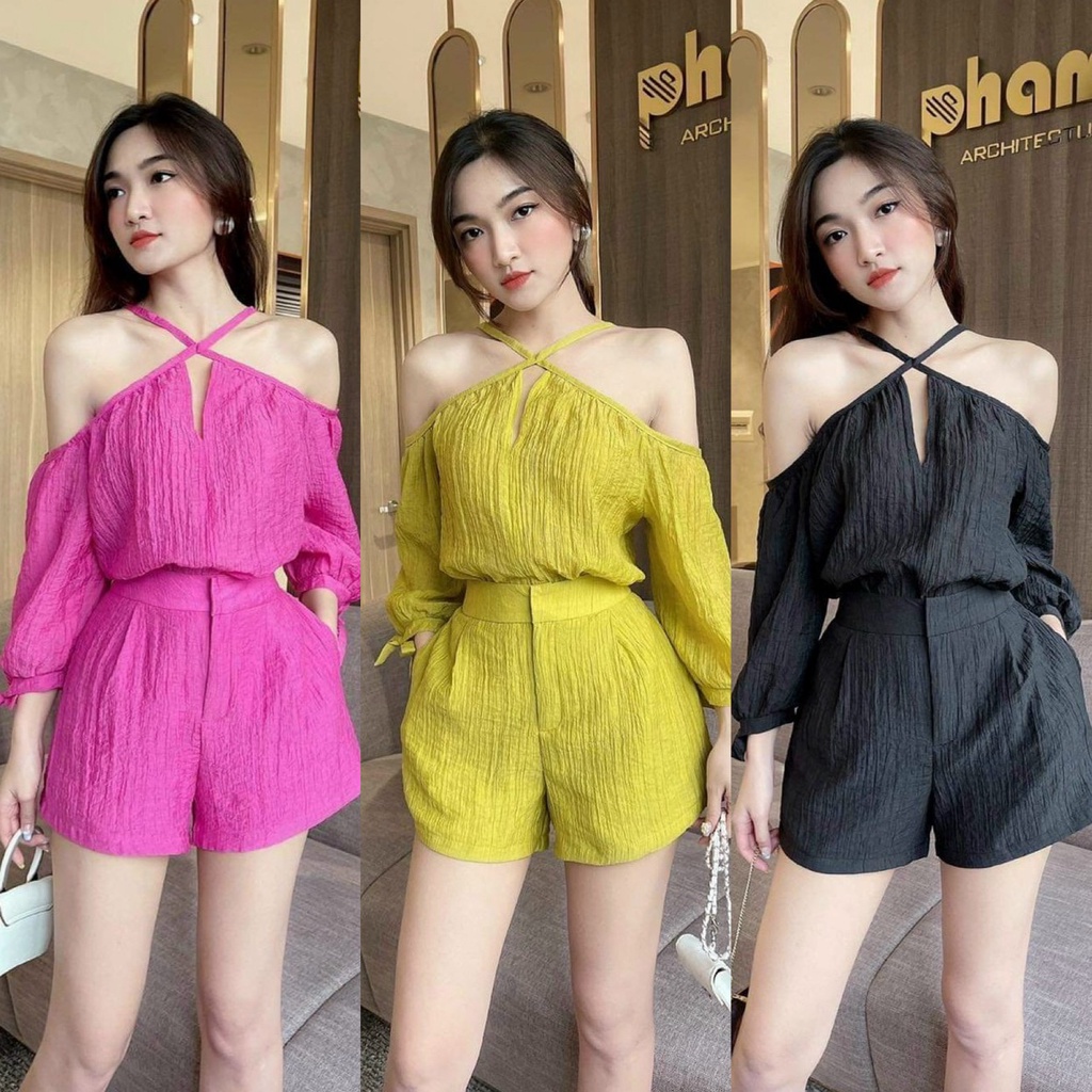 Set bộ đồ nữ khoét ngực cổ yếm xinh xắn với 4 màu tôn da, tôn dáng dành cho các đi chơi, đi biển