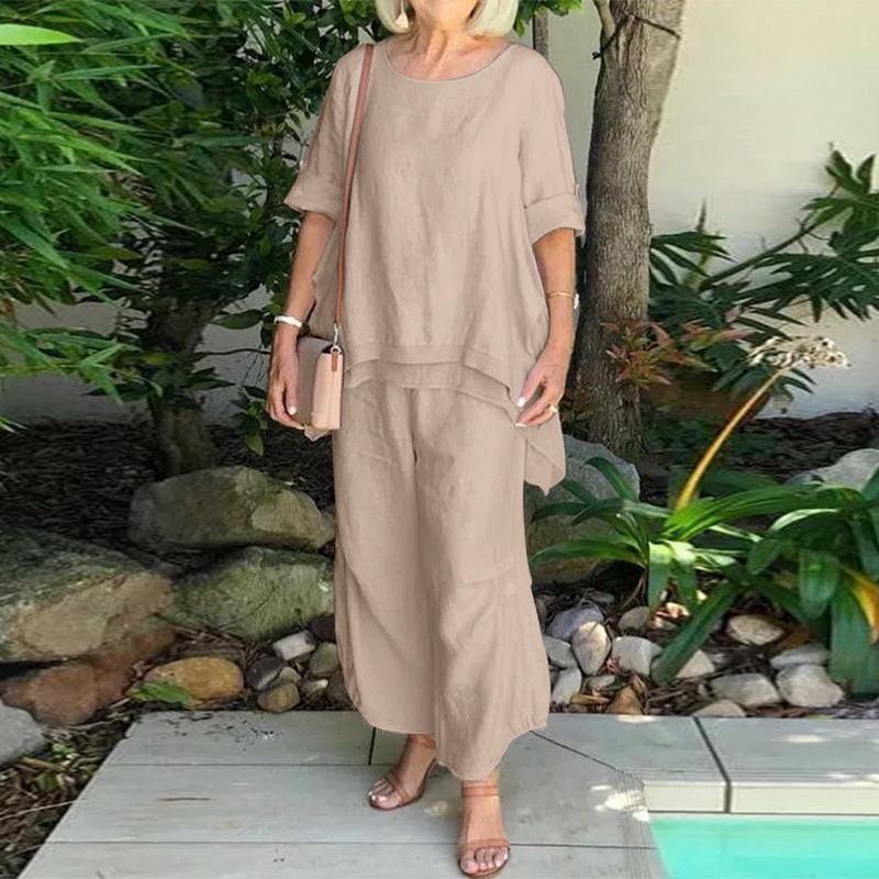 Set đồ ZANZEA gồm áo thun tay lỡ cổ tròn + quần dài ống rộng thời trang cho nữ