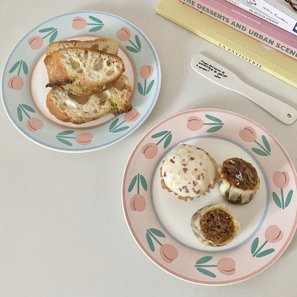 Đĩa Sứ Tròn Họa Tiết Hoa Dễ Thương Phong Cách Hàn Quốc