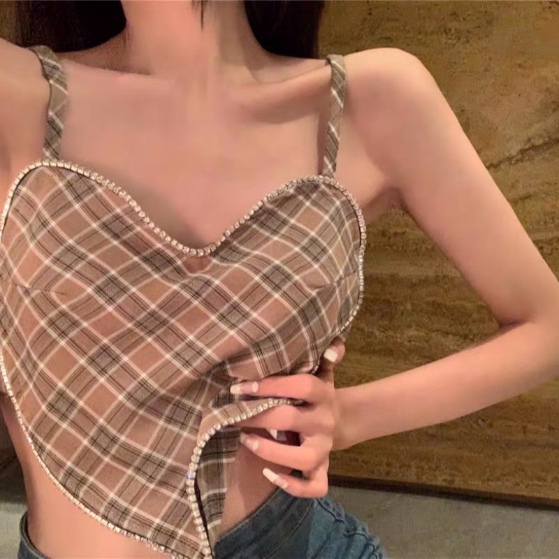 áo 2s 2 dây trái tim viền đá nổi bật - sọc kẻ caro hở lưng sexy (061#)