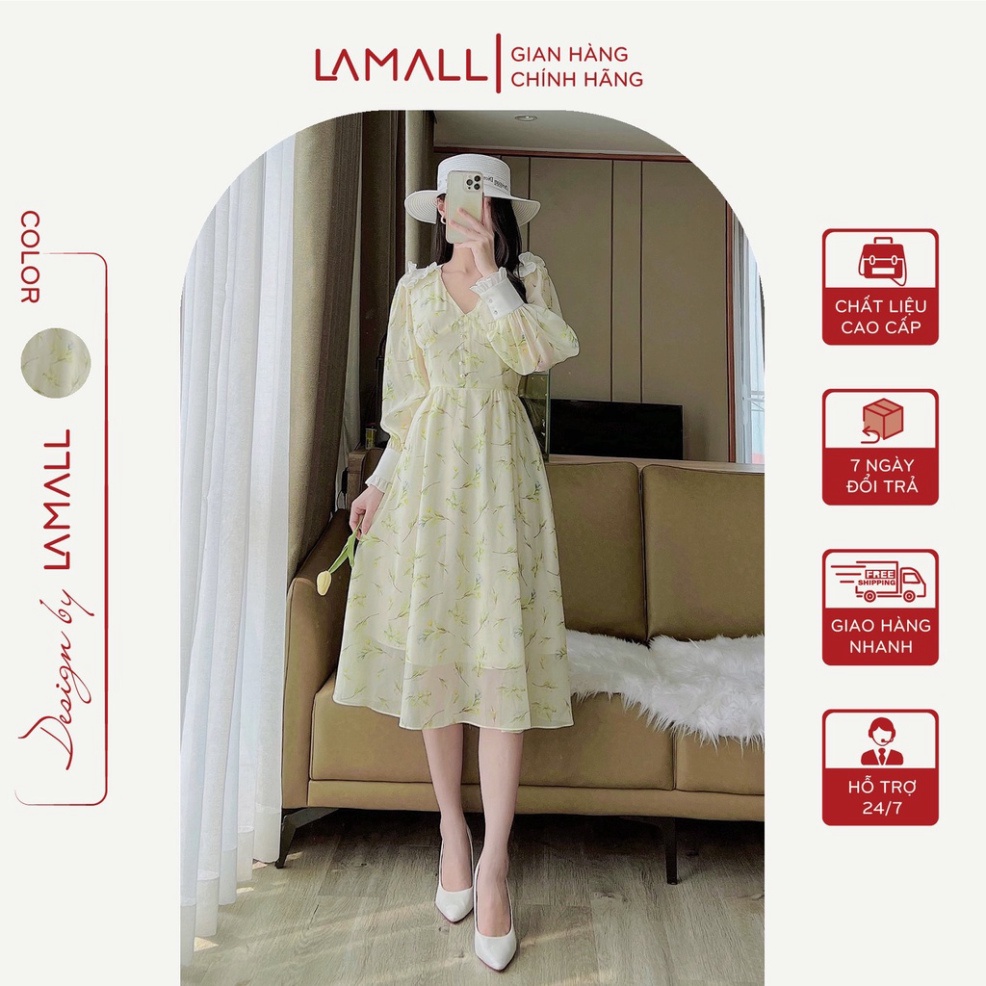 Váy Thiết Kế Tiểu Thư LAMALL Sang Chảnh Phong Cách Nhẹ Nhàng, Nữ Tính, Chất Liệu Tơ Óng, Hoạ Tiết Hoa Vàng Nữ Tính - V03