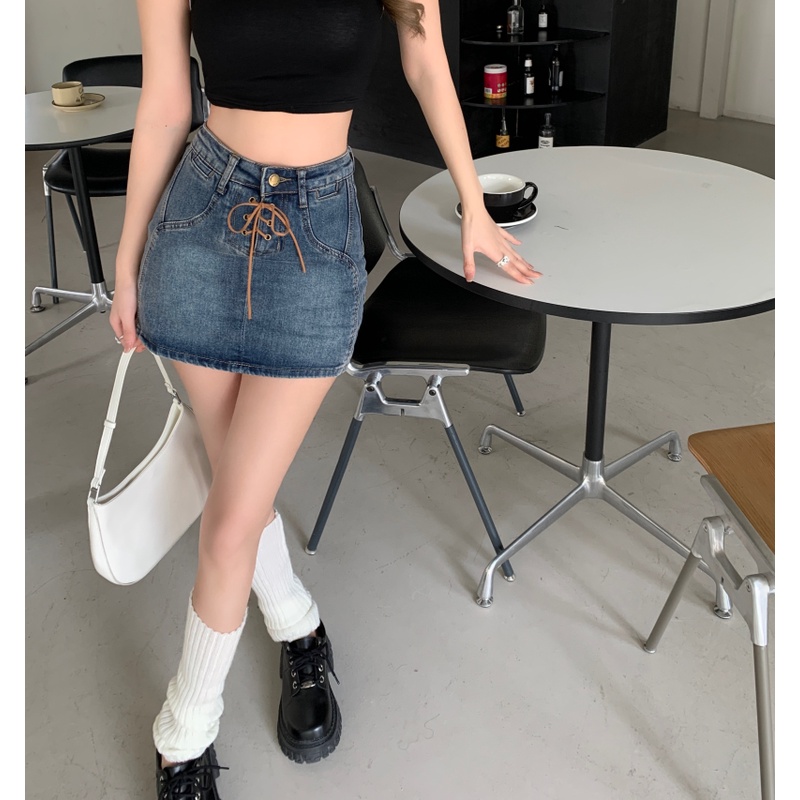 Chân Váy Denim Lưng Cao Thiết Kế Cột Dây Hợp Thời Trang